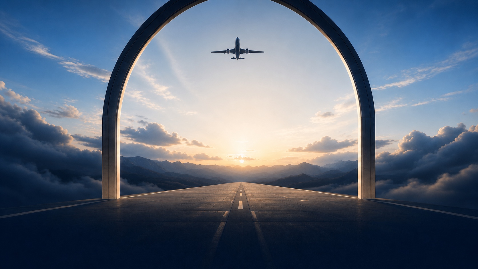 A runway beneath a monumental gateway arch, with an airplane approaching at sunrise